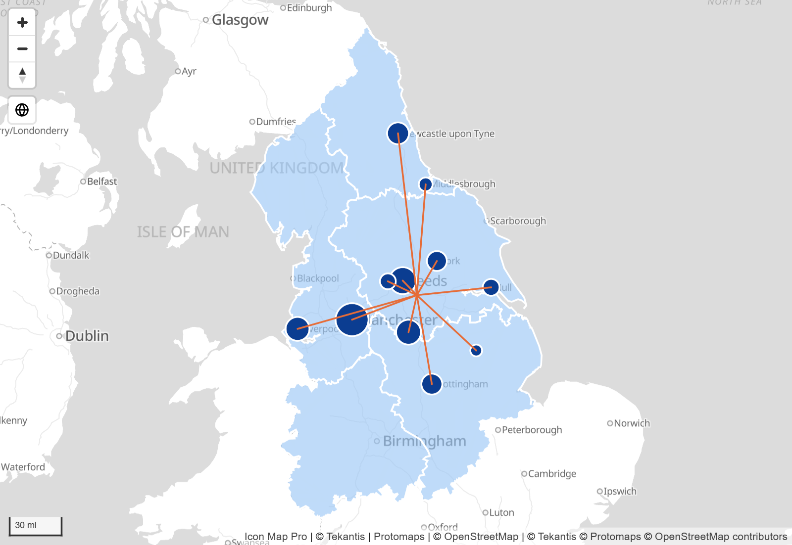 A map with regions as colored shapes, stores as circles and delivery lines between them