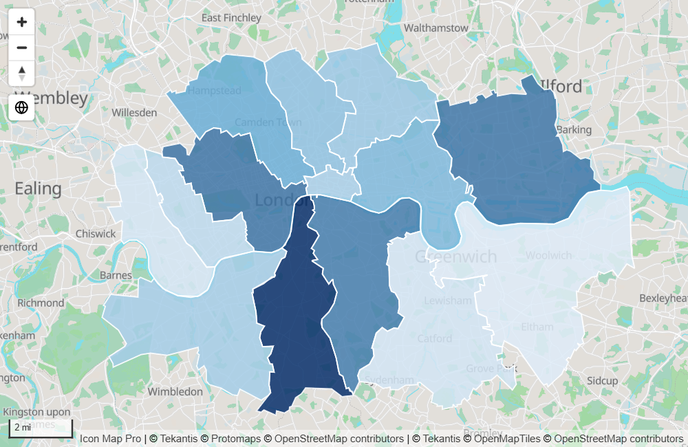 Points counted into city districts, each colored by its total