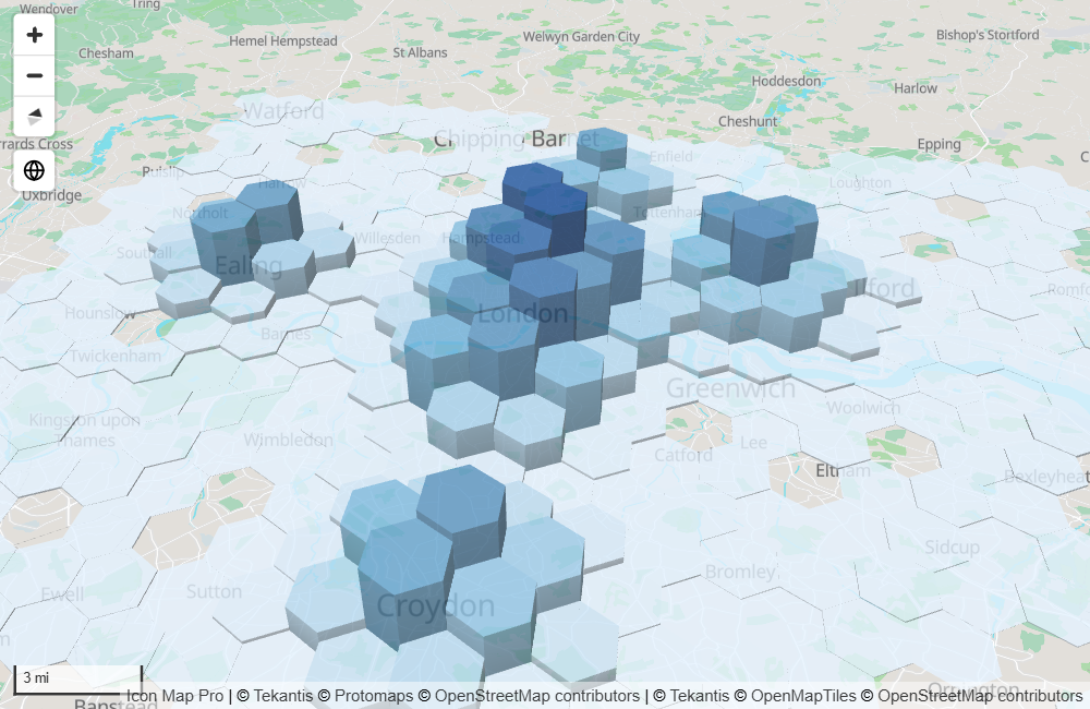 Hexagonal cells raised to different heights on a tilted map