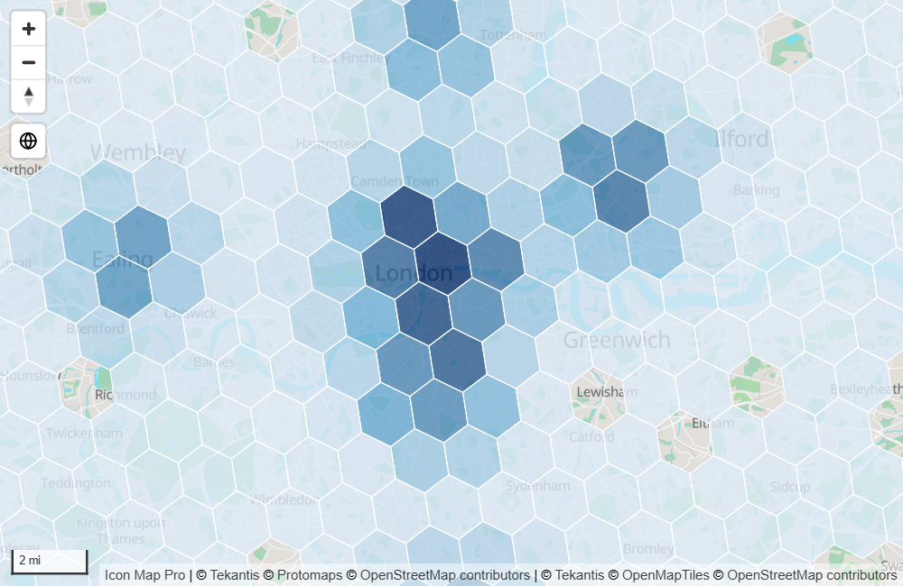Hexagonal cells over a city, shaded from pale to dark blue