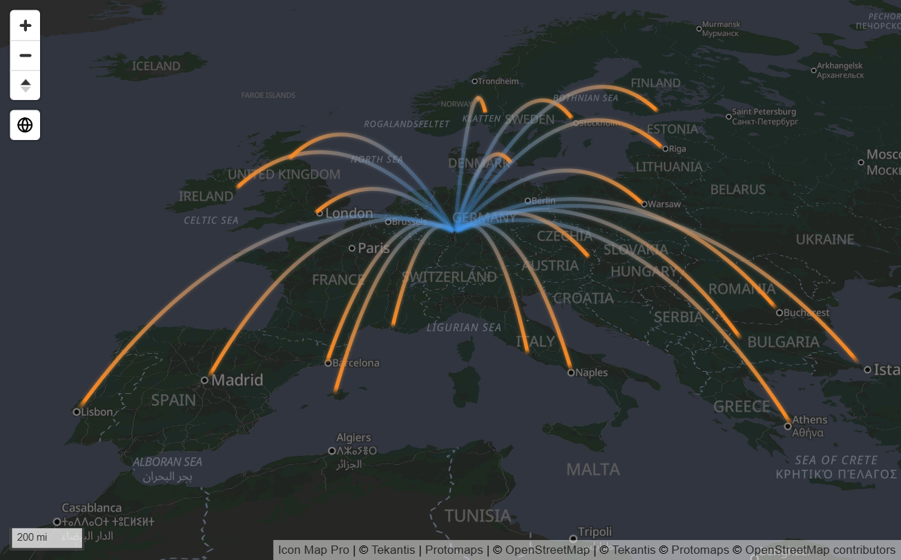Glowing arcs rising over a tilted map between a hub and its destinations
