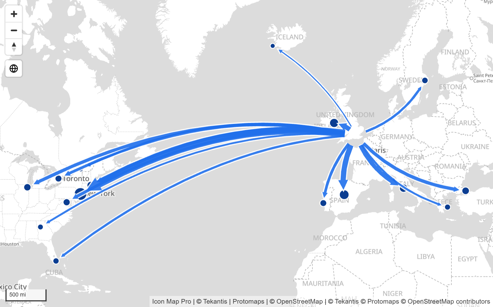 Curved arrows fan out from London to destinations across Europe and North America